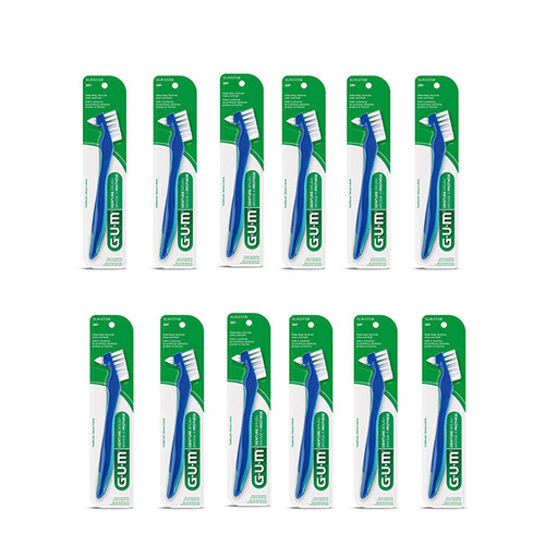 GUM Denture Brush - Flat Trim and Firm Bristles, 12/Bx. Short Handle with Lever