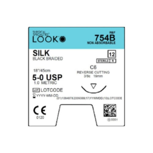 Look 5/0, 18' Silk Black Braided non-absorbable suture with reverse-cutting C-6