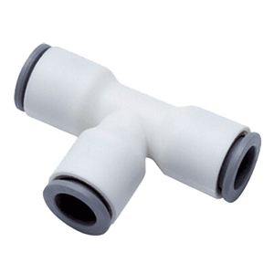 3/8" LIQUIfit® Series White Bio-Based Polymer Union Tee, Push-To-Connect, EPDM O-Ring, Stainless Steel Gripping Ring