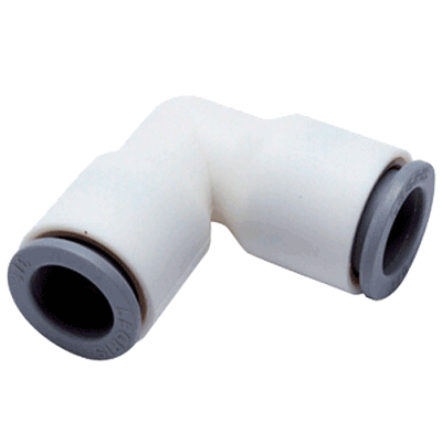 3/8" LIQUIfit® Series White Bio-Based Polymer 90° Union Elbow, Push-To-Connect, EPDM O-Ring, Stainless Steel Gripping Ring