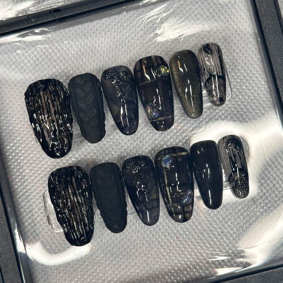 Dark Mori Kei 12 piece nail set featuring textured nail designs