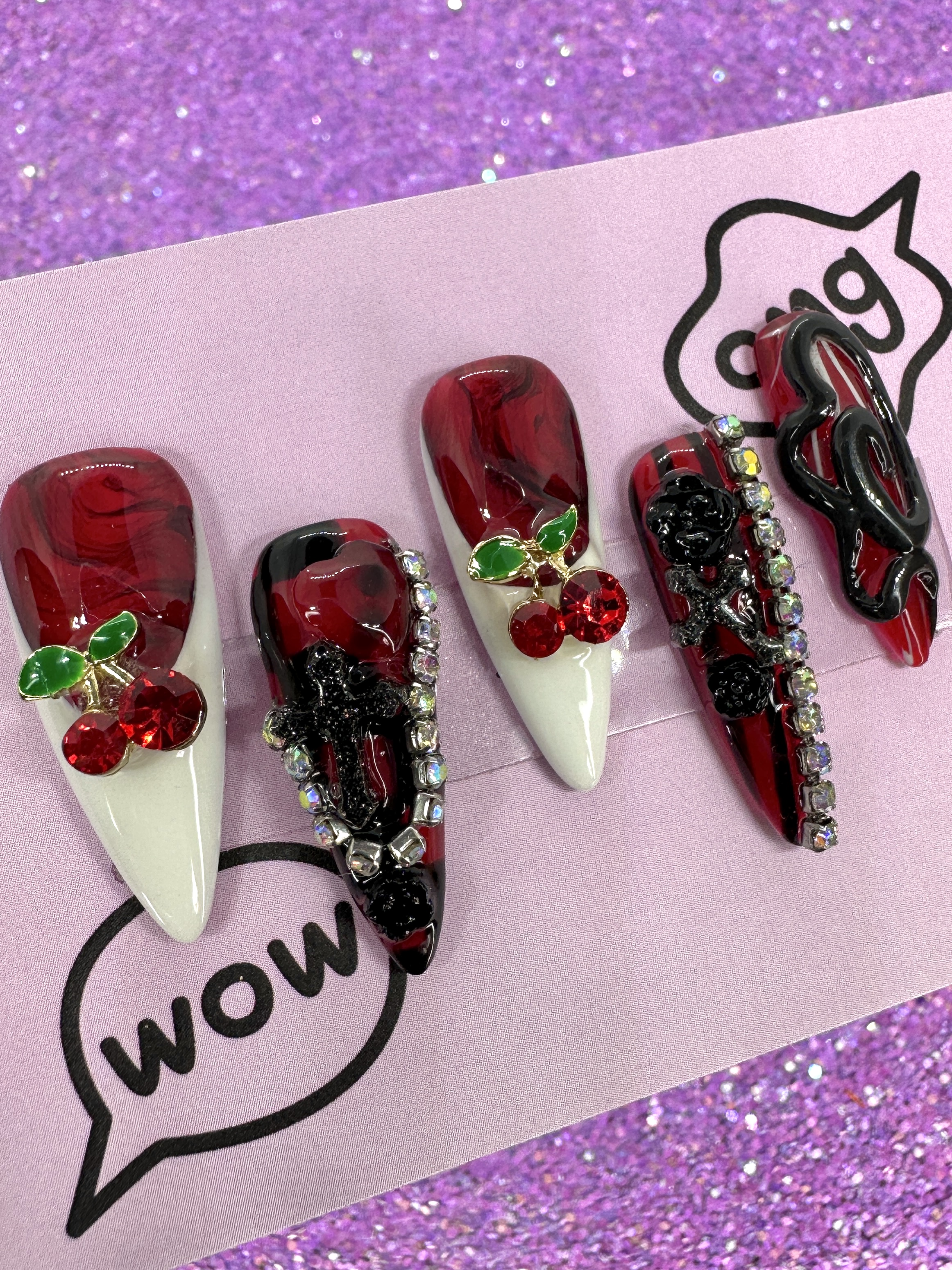Custom Harajuku and Kawaii Red Cherry Rose Nails