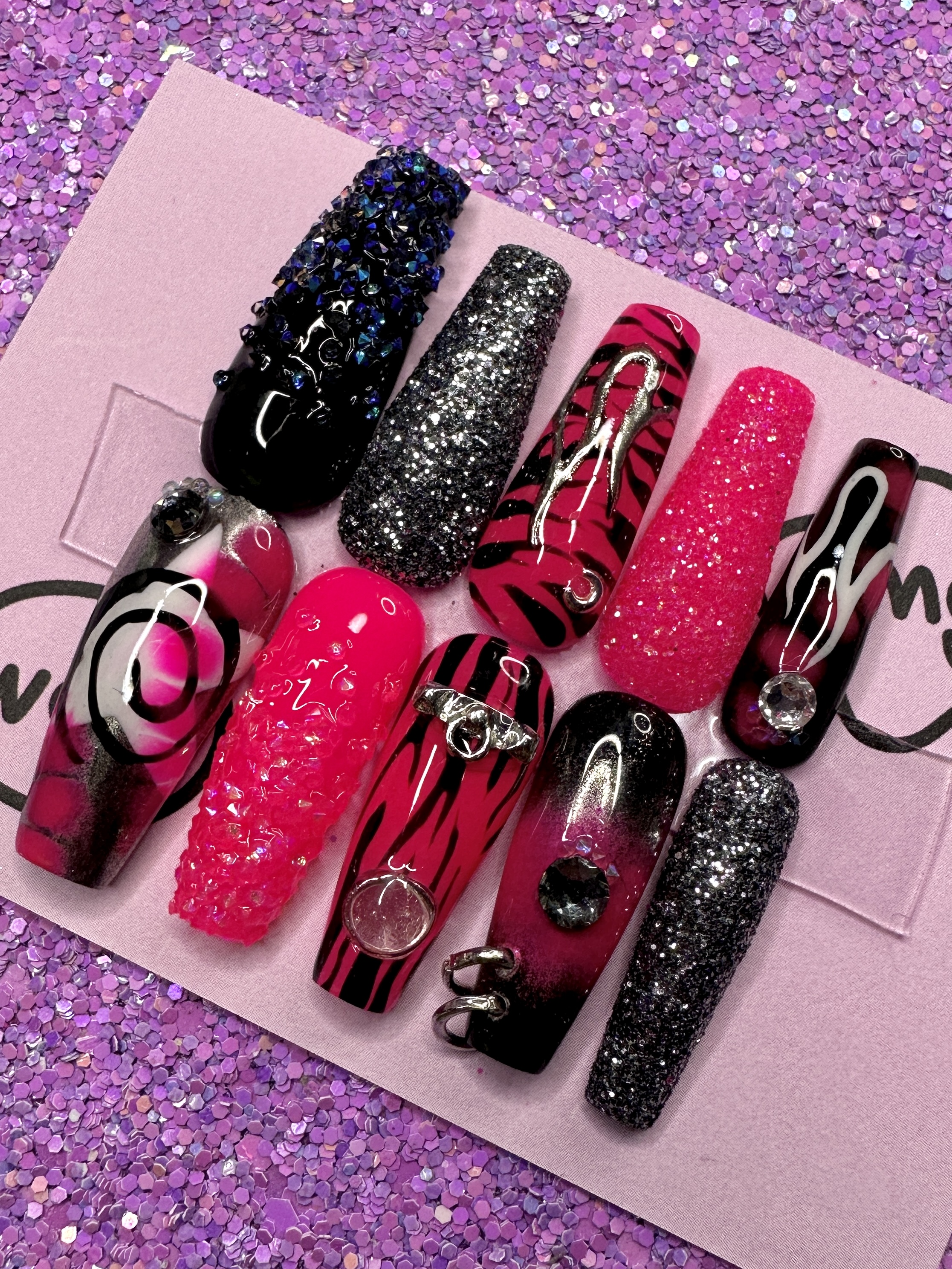 Custom Kawaii and Harajuku Gyaru Punk Hot Pink Nails