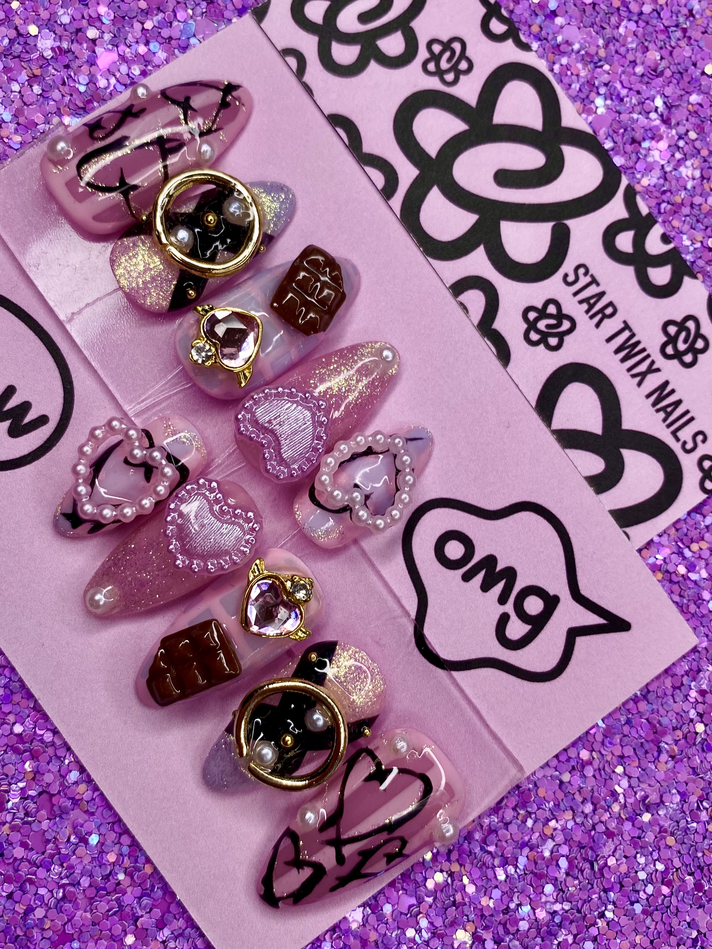 Custom Kawaii and Harajuku Bondage Chocolate Heart Nails