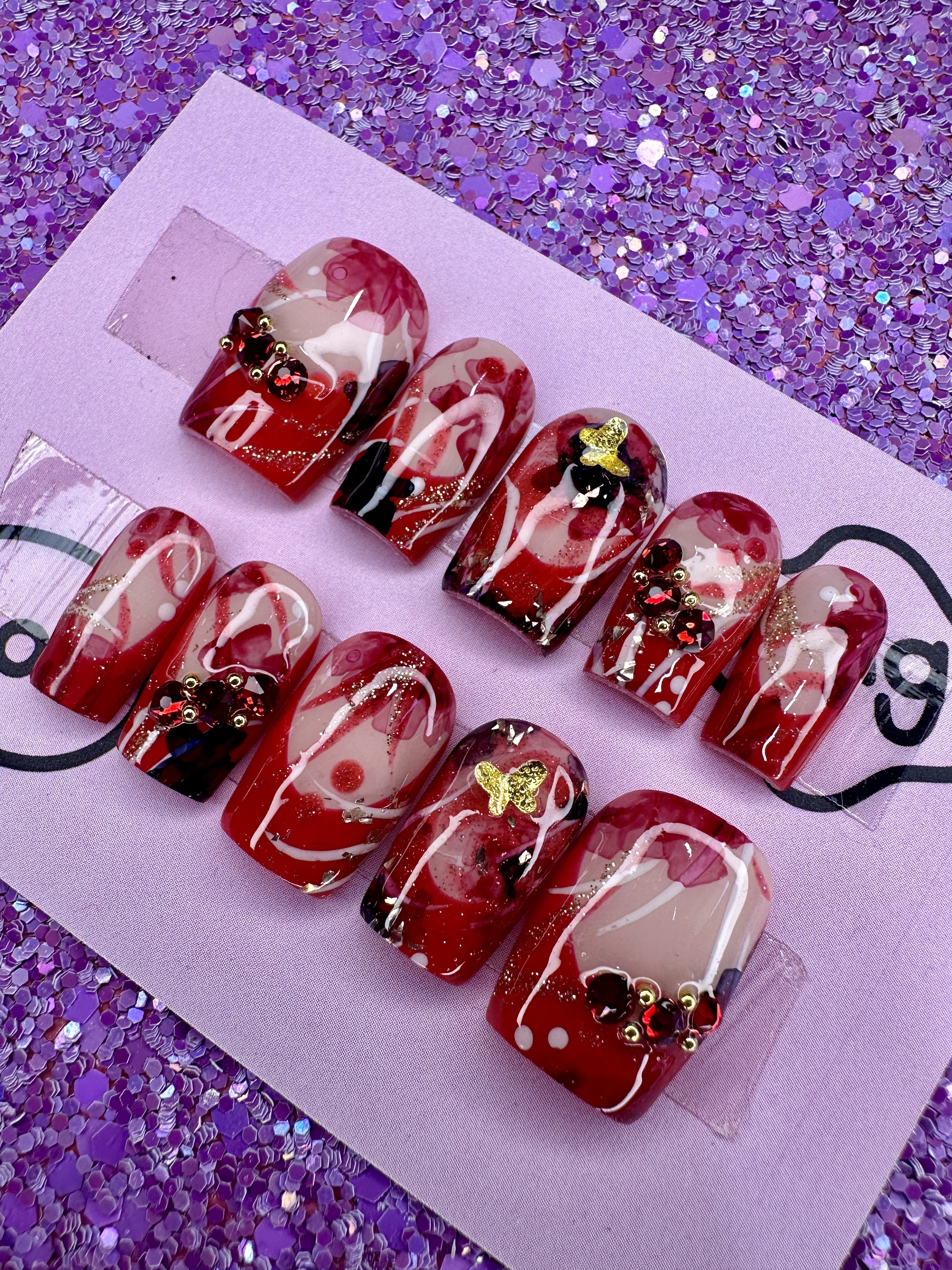 Custom Red 90s Nails with Butterflies