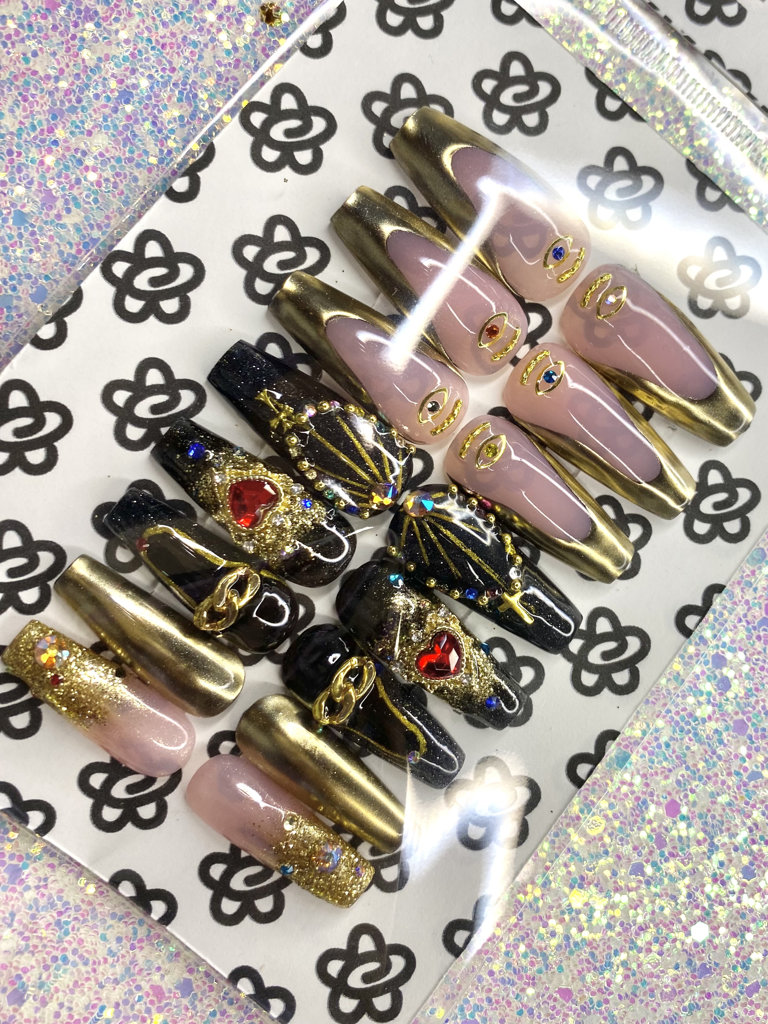 Custom Gold Kawaii Evil Eye Reflective French tip Nails