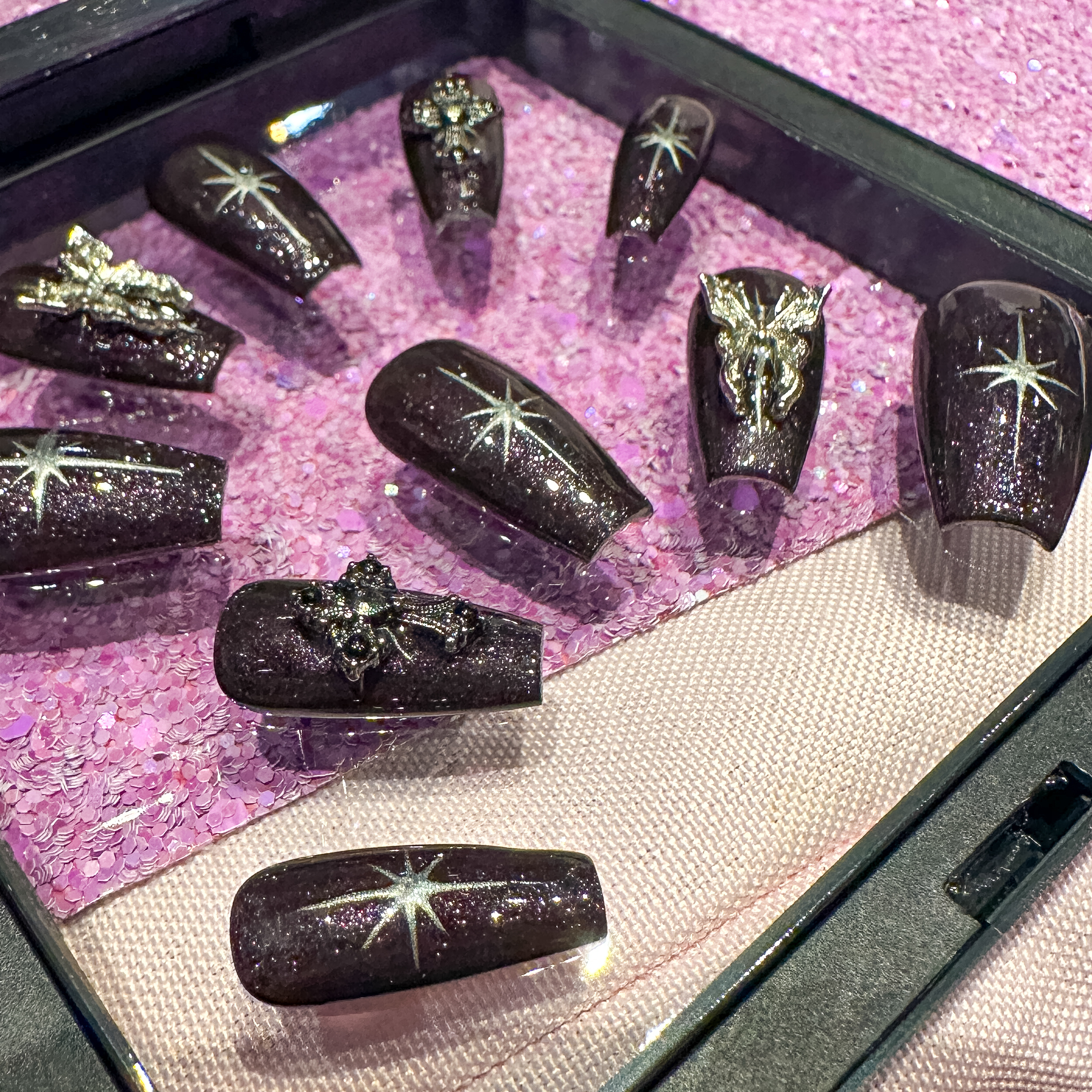 Custom Black Silver Sparkle Nails with Crosses and Butterflies