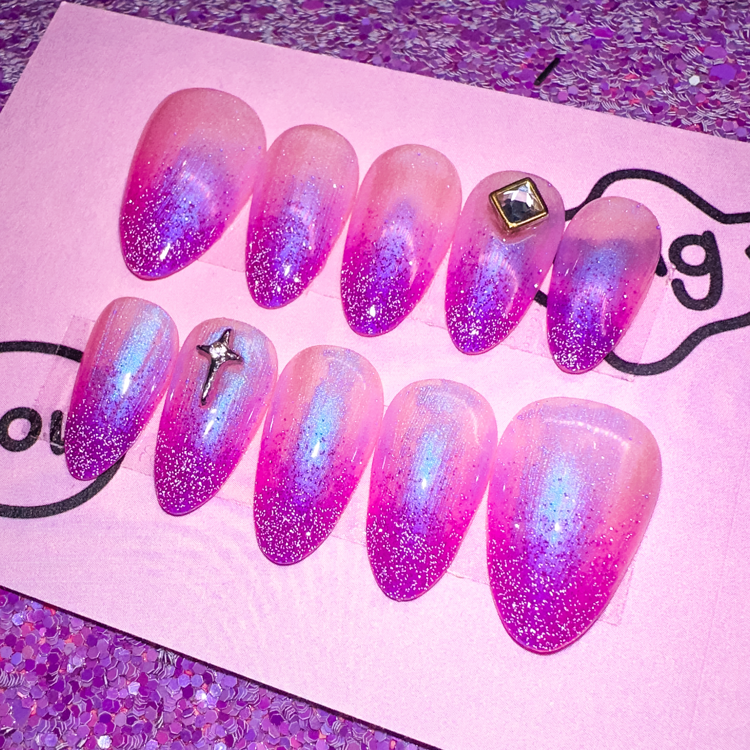 Custom Kawaii Pink Glitter Sparkle Nails