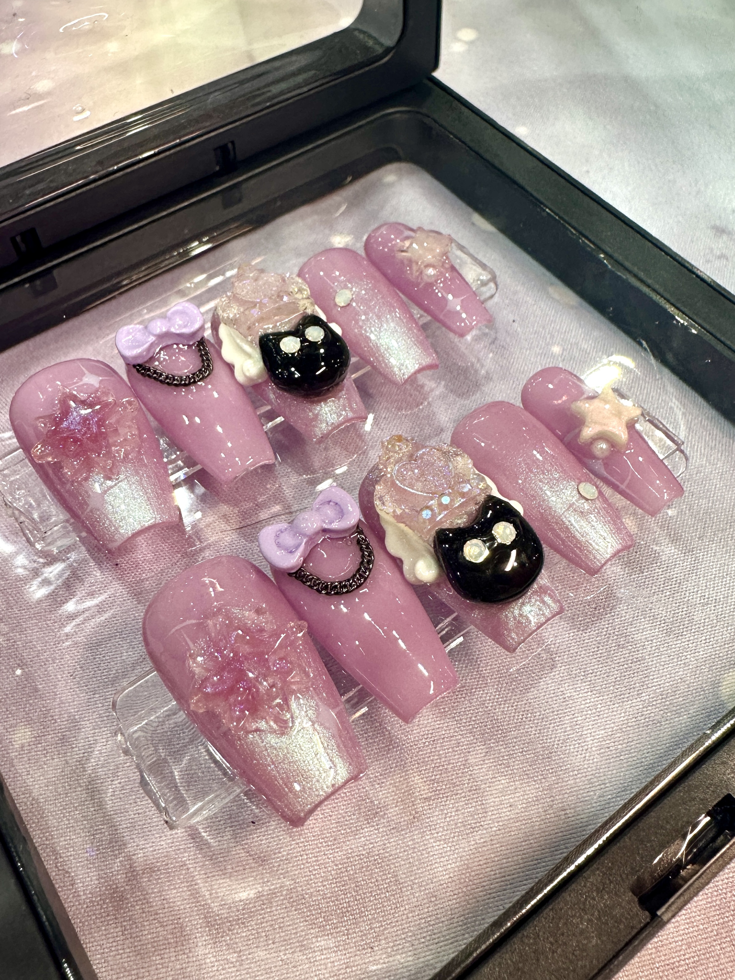 Custom Purple Pearl Nails with Black Cat