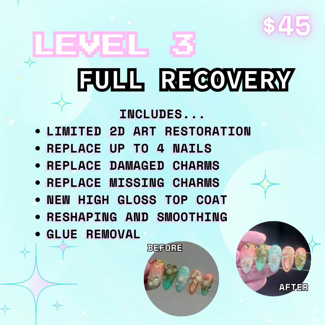 Star Twix Nails Nail Hospital Level 3 full recovery: new high gloss top coat, reshaping and smoothing, glue removal, replace missing charms, limited 2d art restoration, replace up to 4 nails, replace damaged  charms