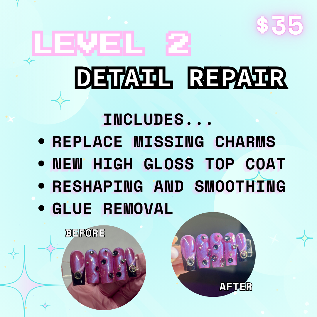Star Twix Nails Nail Hospital Level 2 detail repair: new high gloss top coat, reshaping and smoothing, glue removal, replace missing charms