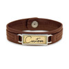 High School Brown Leather Nameplate Bracelet- Script Background