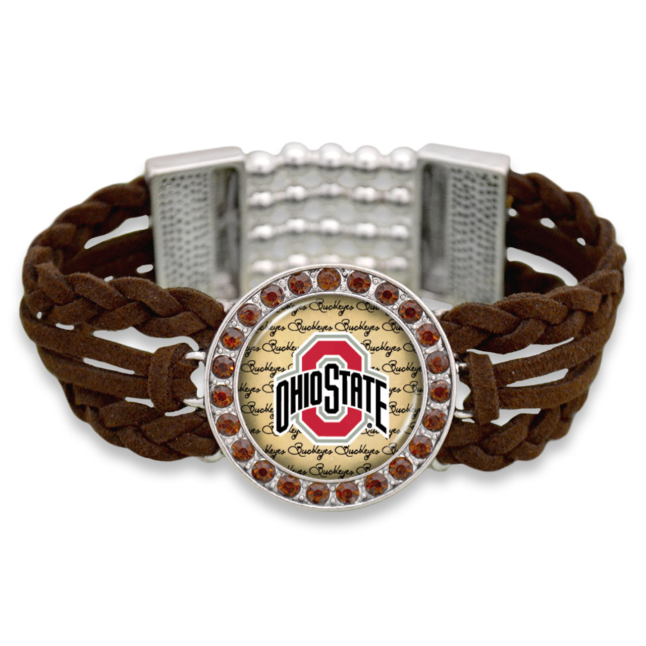 Ohio State Buckeyes Brown Braided Suede with Script Background College Bracelet