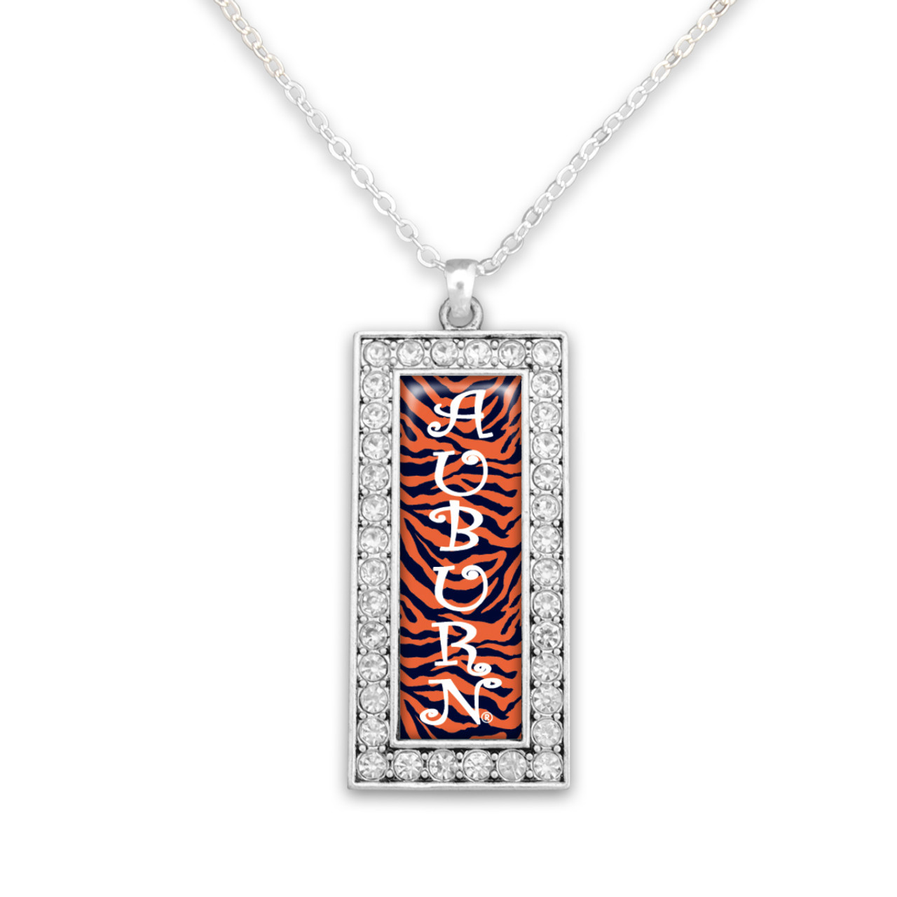 Auburn Tigers Crystal Zebra Rectangle Drop Necklace