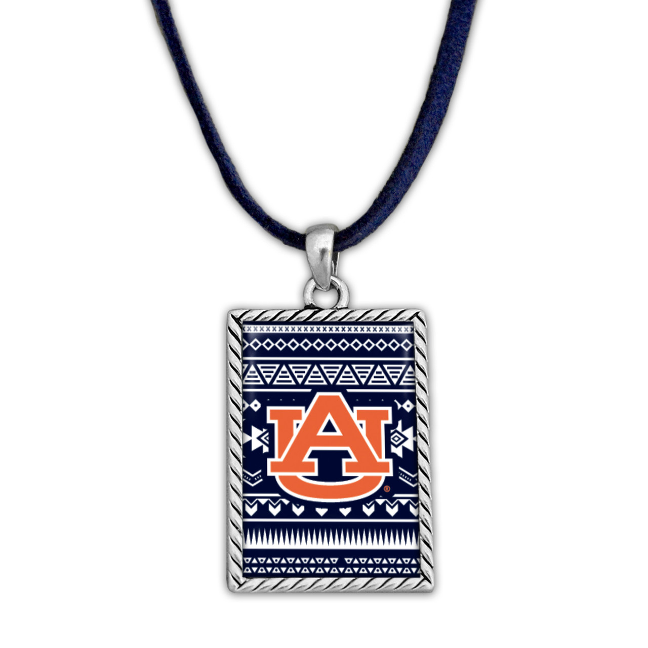 Auburn Tigers Rectangle Logo with Geometric Background Necklace
