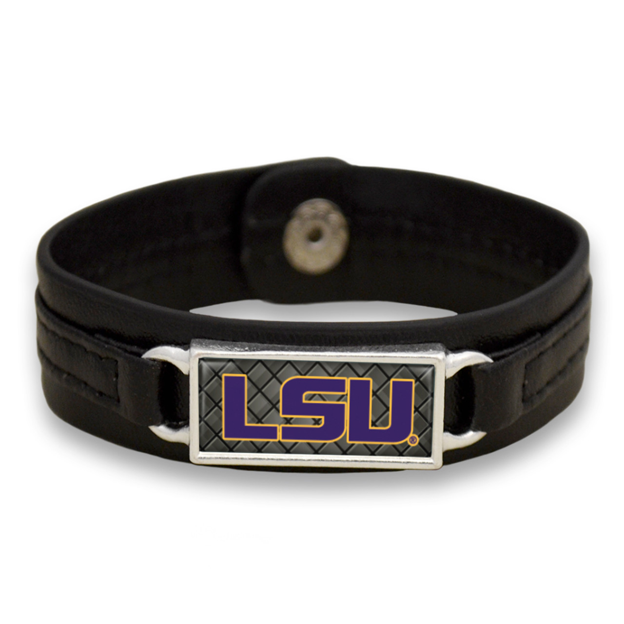 LSU Tigers Black "Edge" Leather Nameplate with Tile Background College Bracelet
