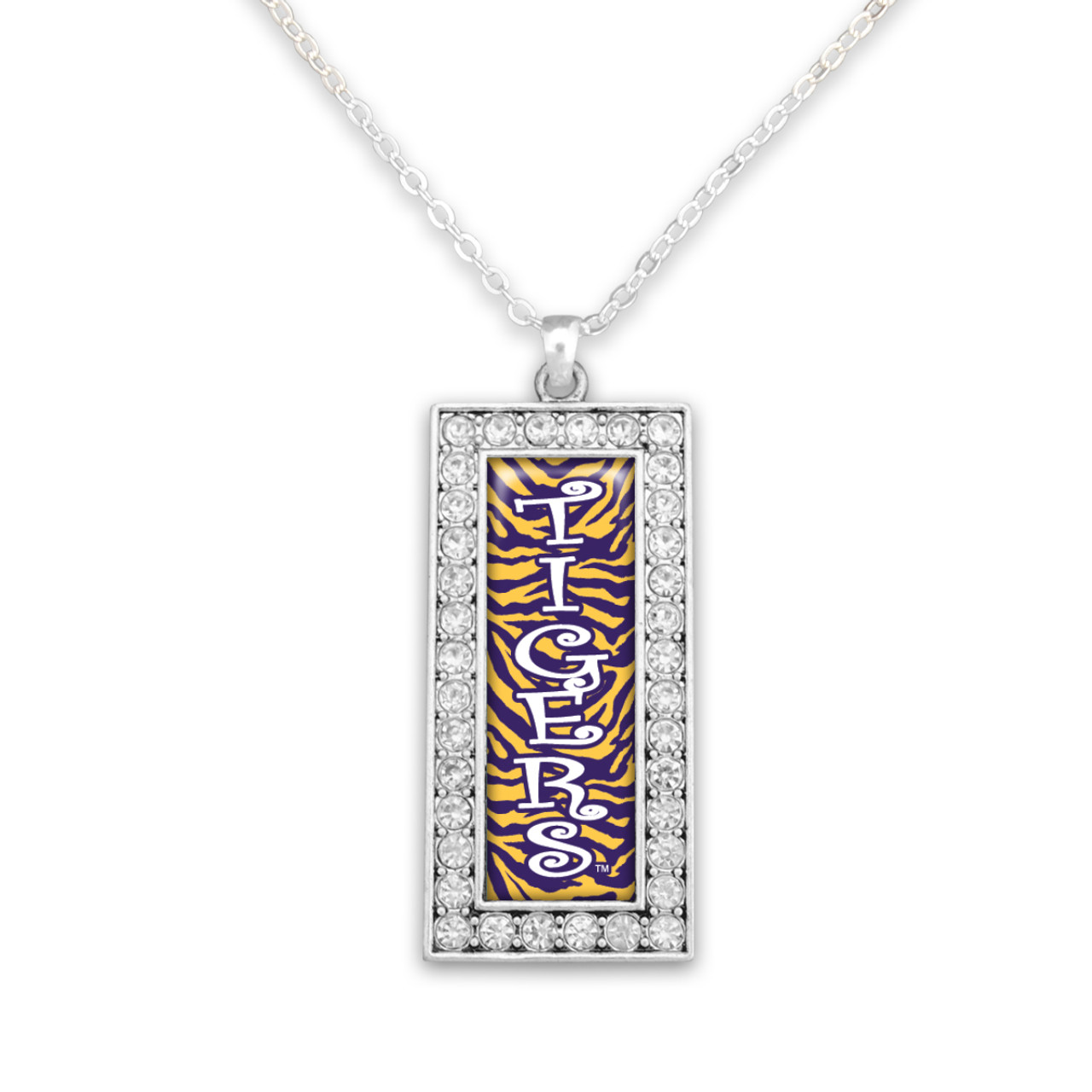 LSU Tigers Crystal Zebra Rectangle Drop Necklace