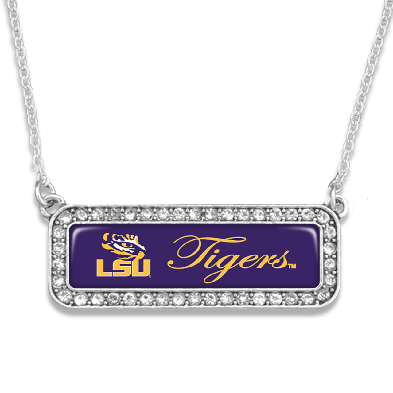 LSU Tigers Necklace- Silver Crystal Nameplate