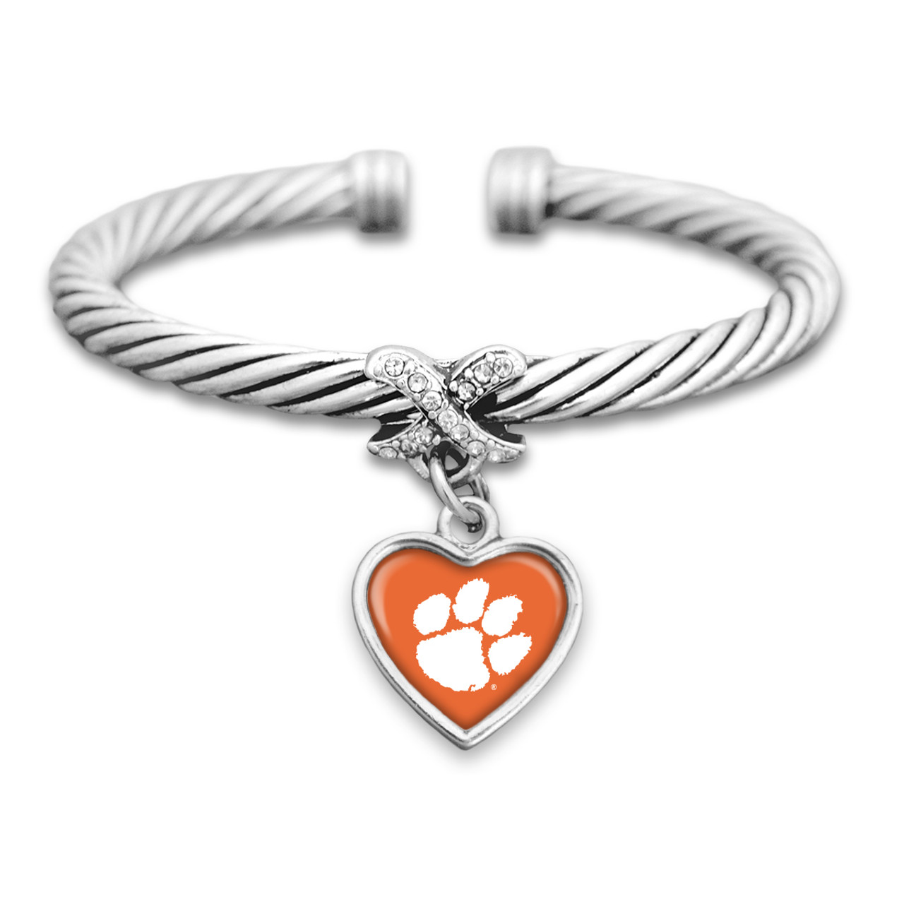 Clemson Tigers Heart Drop with Crystal X Cuff Bracelet