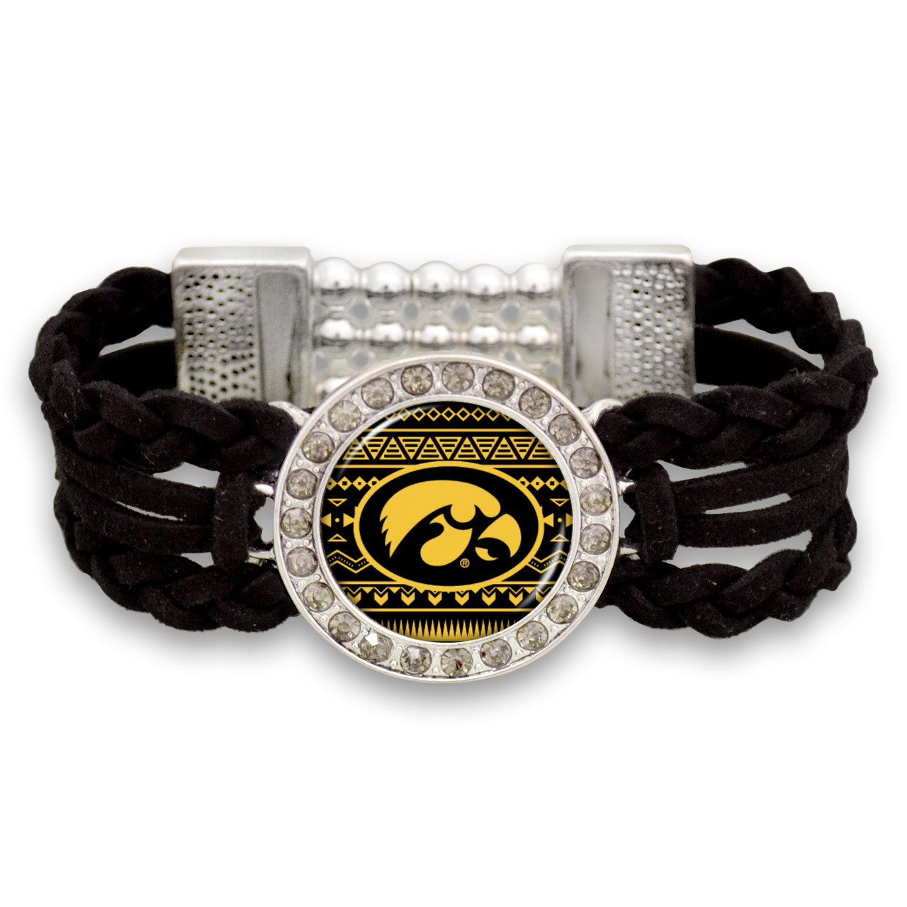 Iowa Hawkeyes Black Braided Suede with Script Background College Bracelet