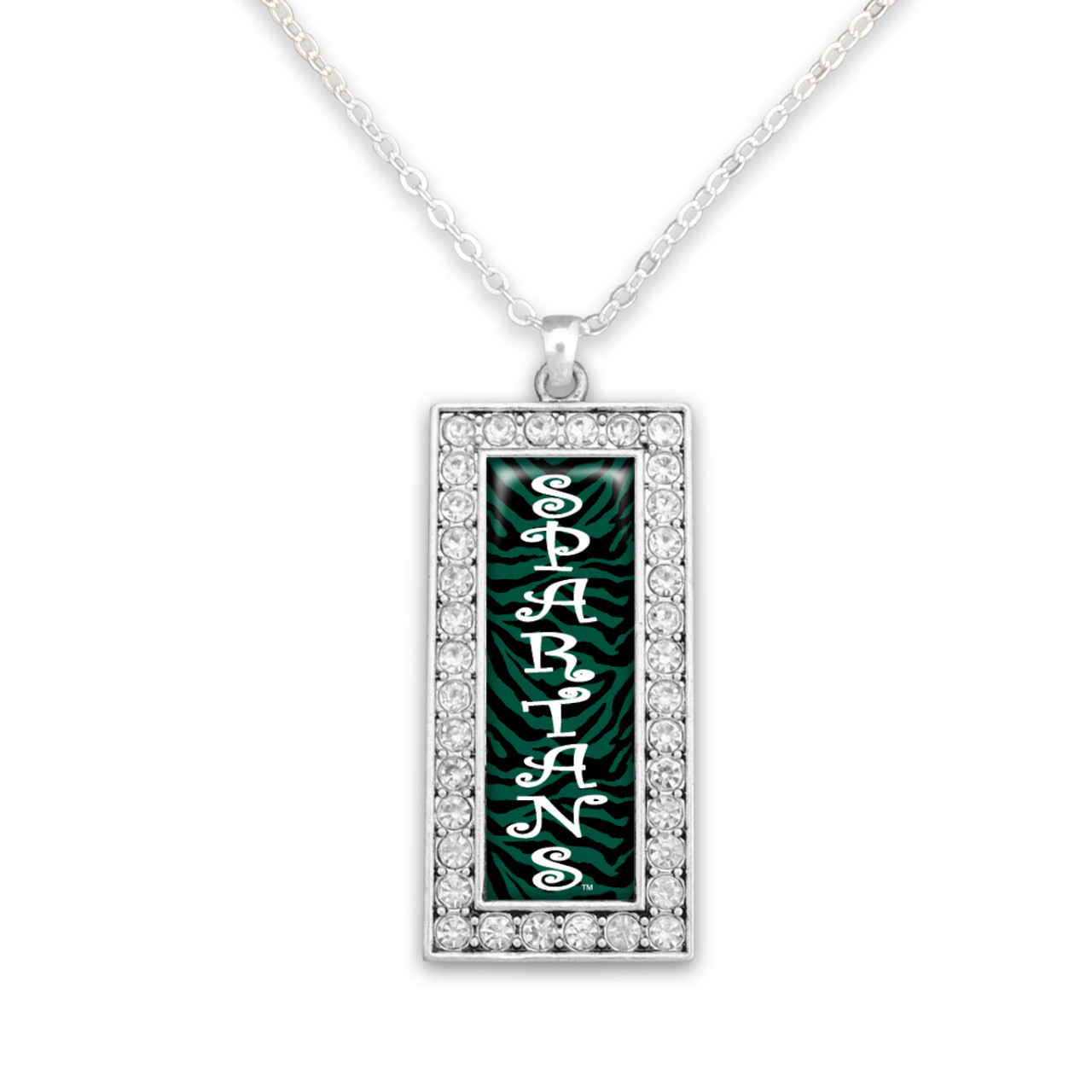 Michigan State Spartans Crystal Zebra Rectangle Drop Necklace