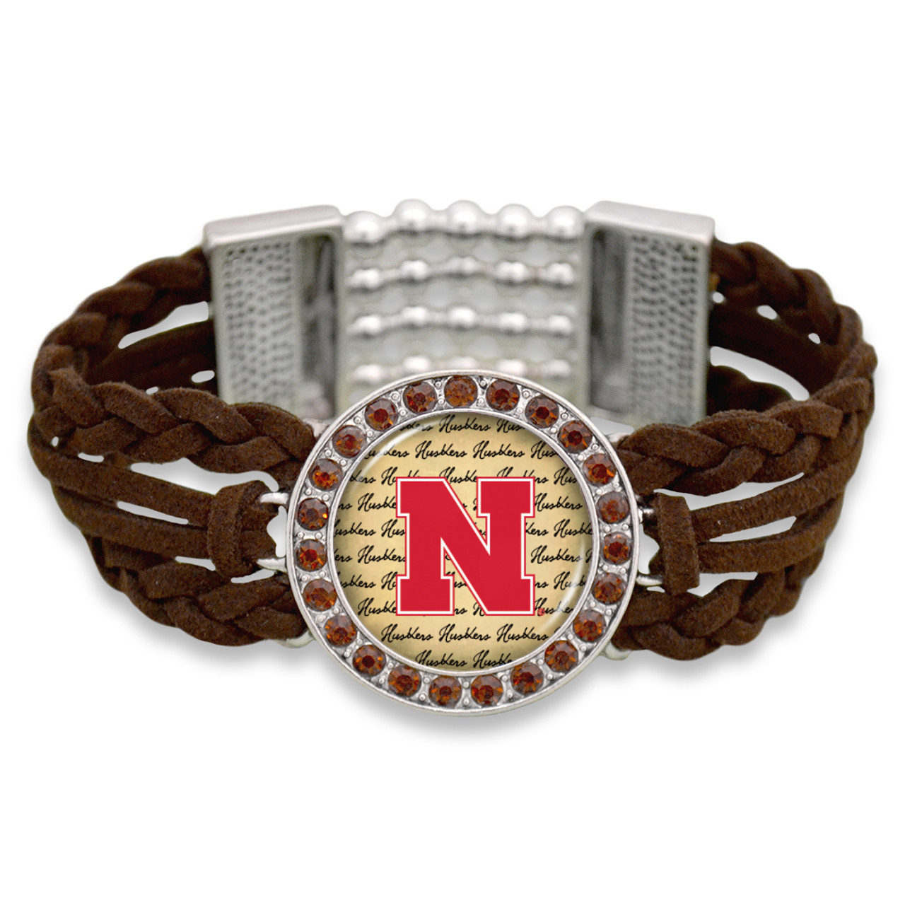 Nebraska Cornhuskers Brown Braided Suede with Script Background College Bracelet