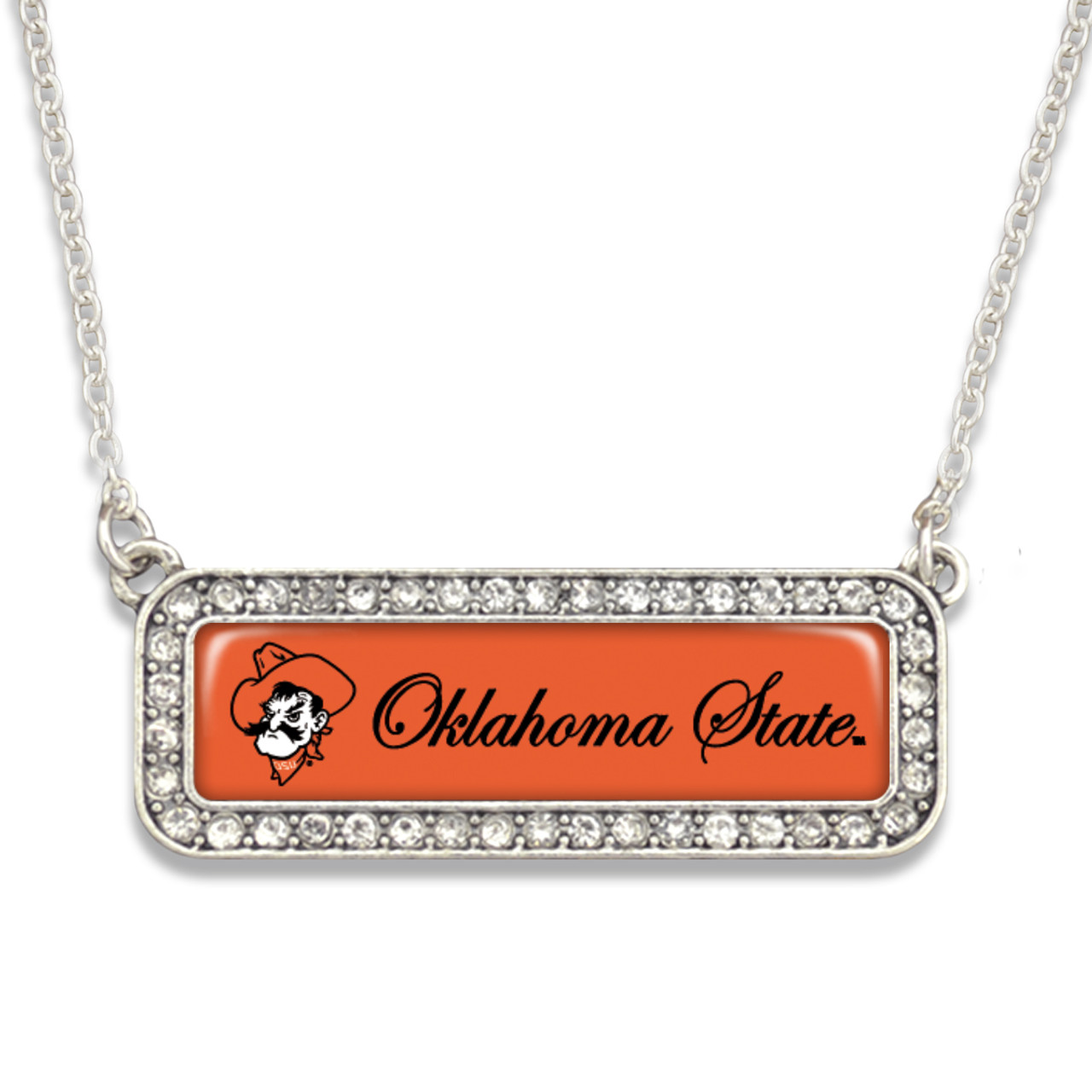 Oklahoma State Cowboys Necklace- Silver Crystal Nameplate