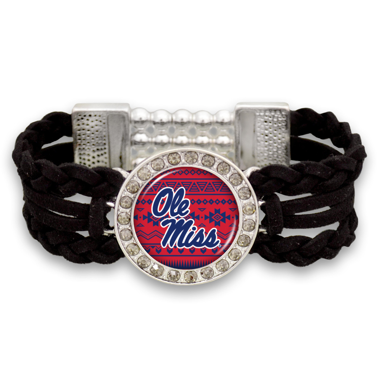 Ole Miss Rebels Black Braided Suede with Script Background College Bracelet