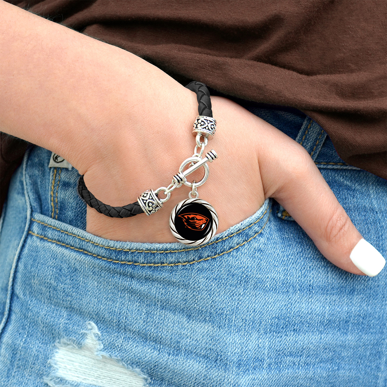 Oregon State Beavers Bracelet- Black Leather Toggle