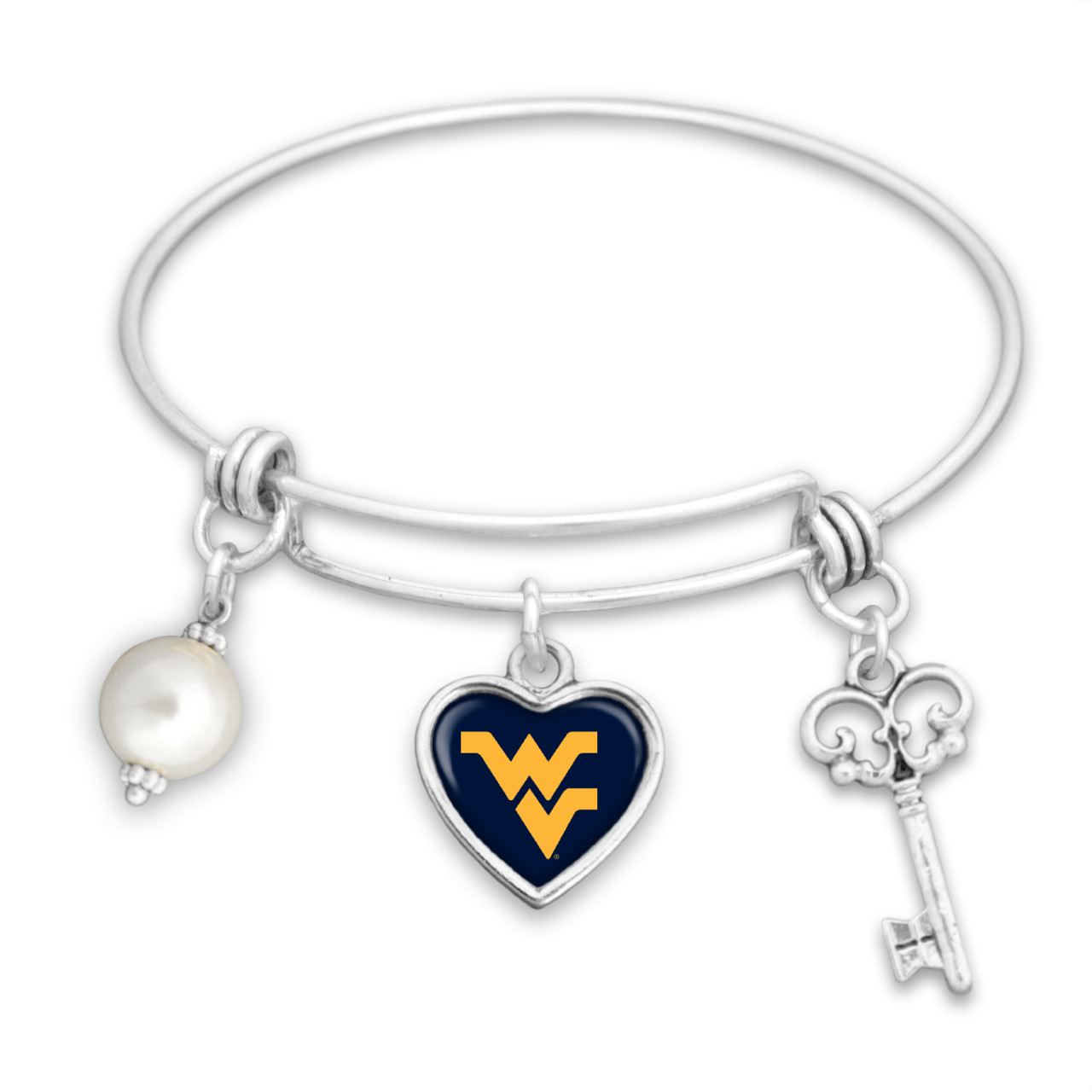 West Virginia Mountaineers Pearl, Logo, and Key Memory Wire Bracelet