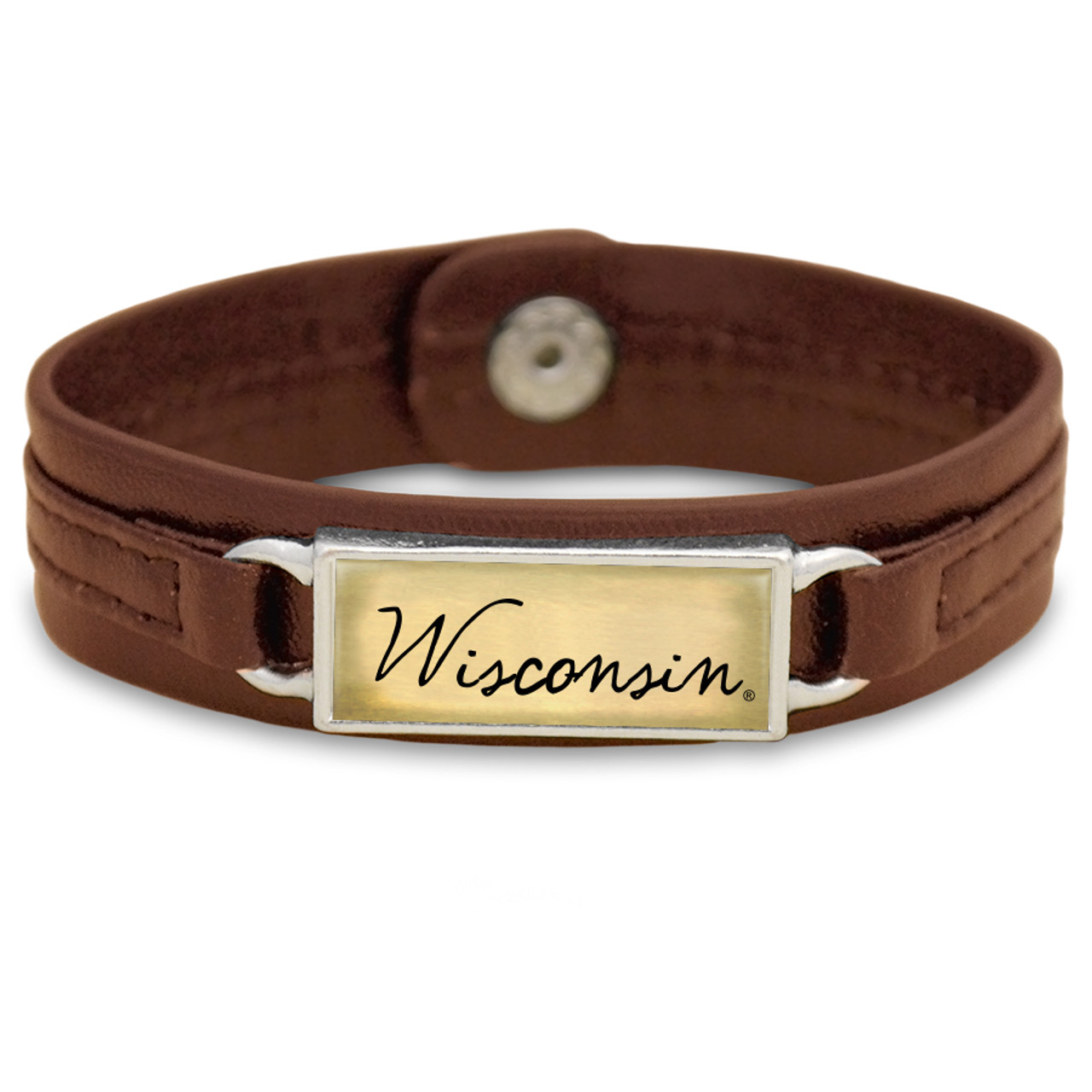 Wisconsin Badgers Brown "Edge" Leather Nameplate with Tile Background College Bracelet