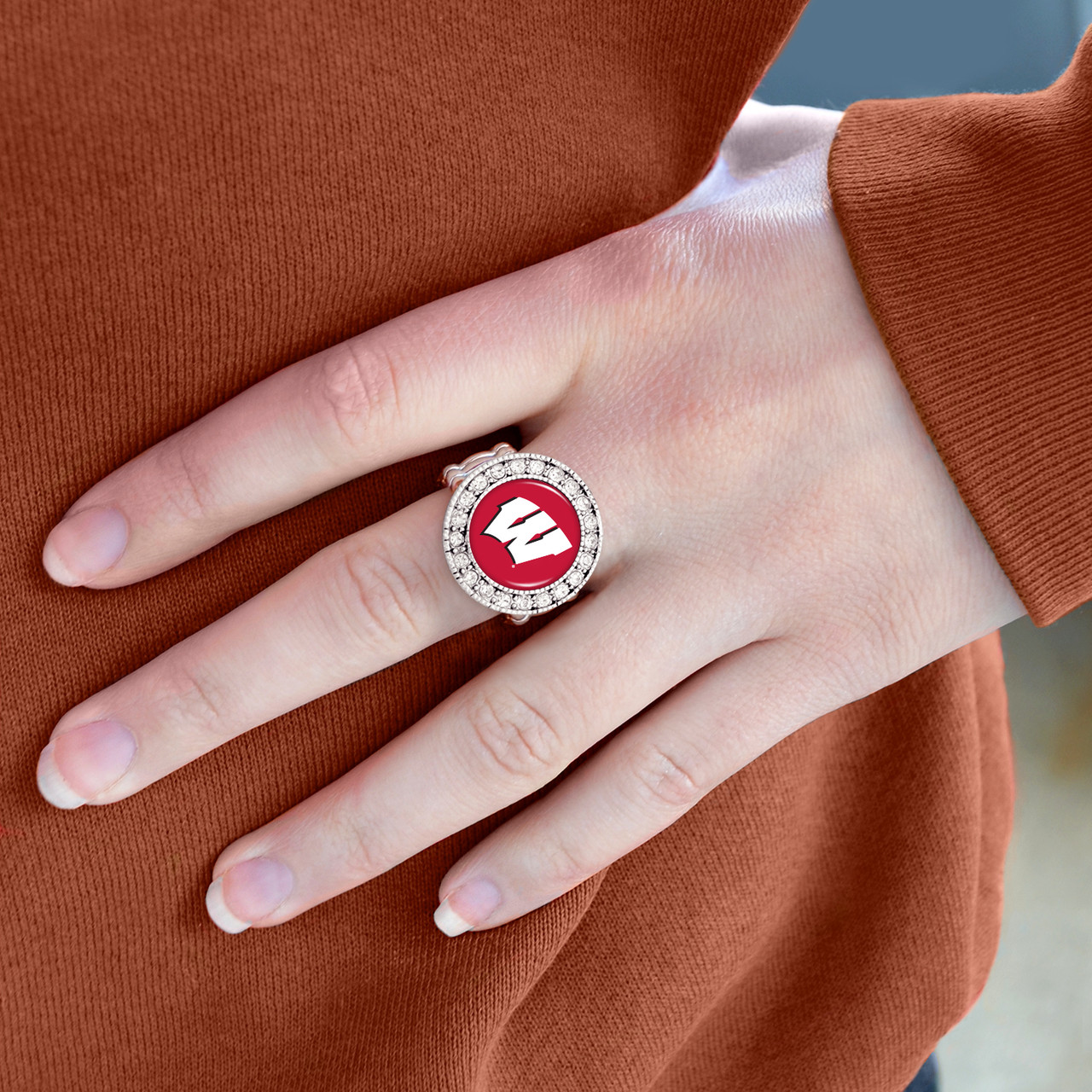 Wisconsin Badgers Stretch Ring- Crystal Round