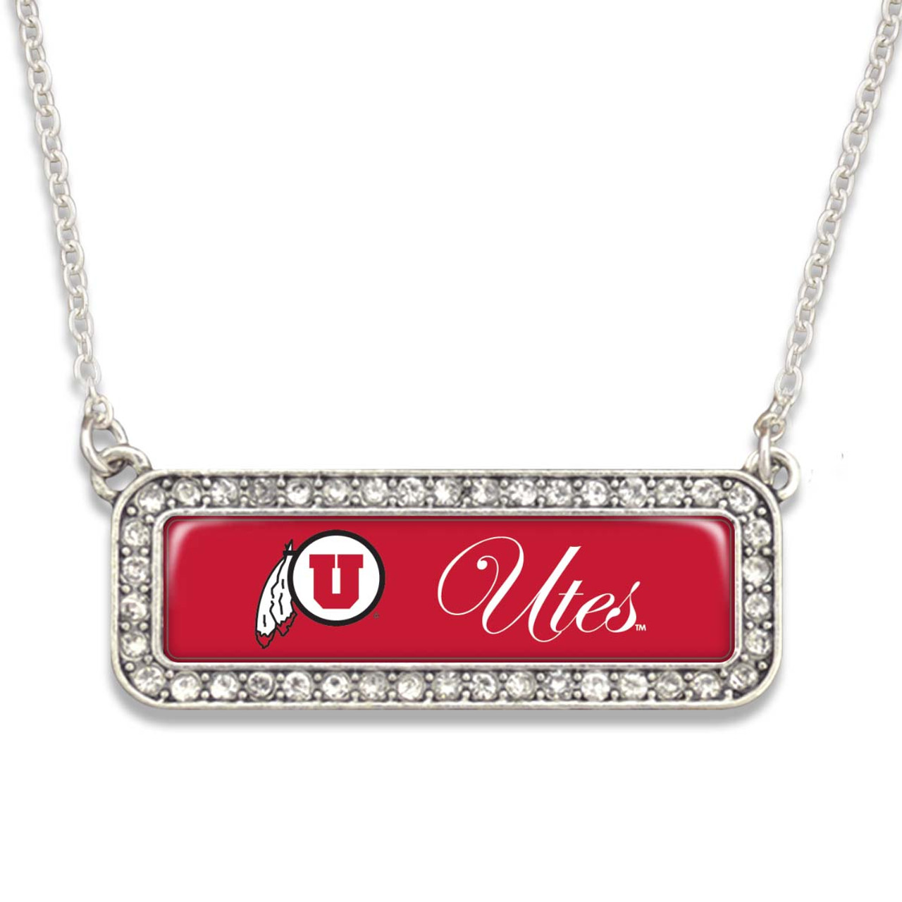 Utah Utes Necklace- Silver Crystal Nameplate