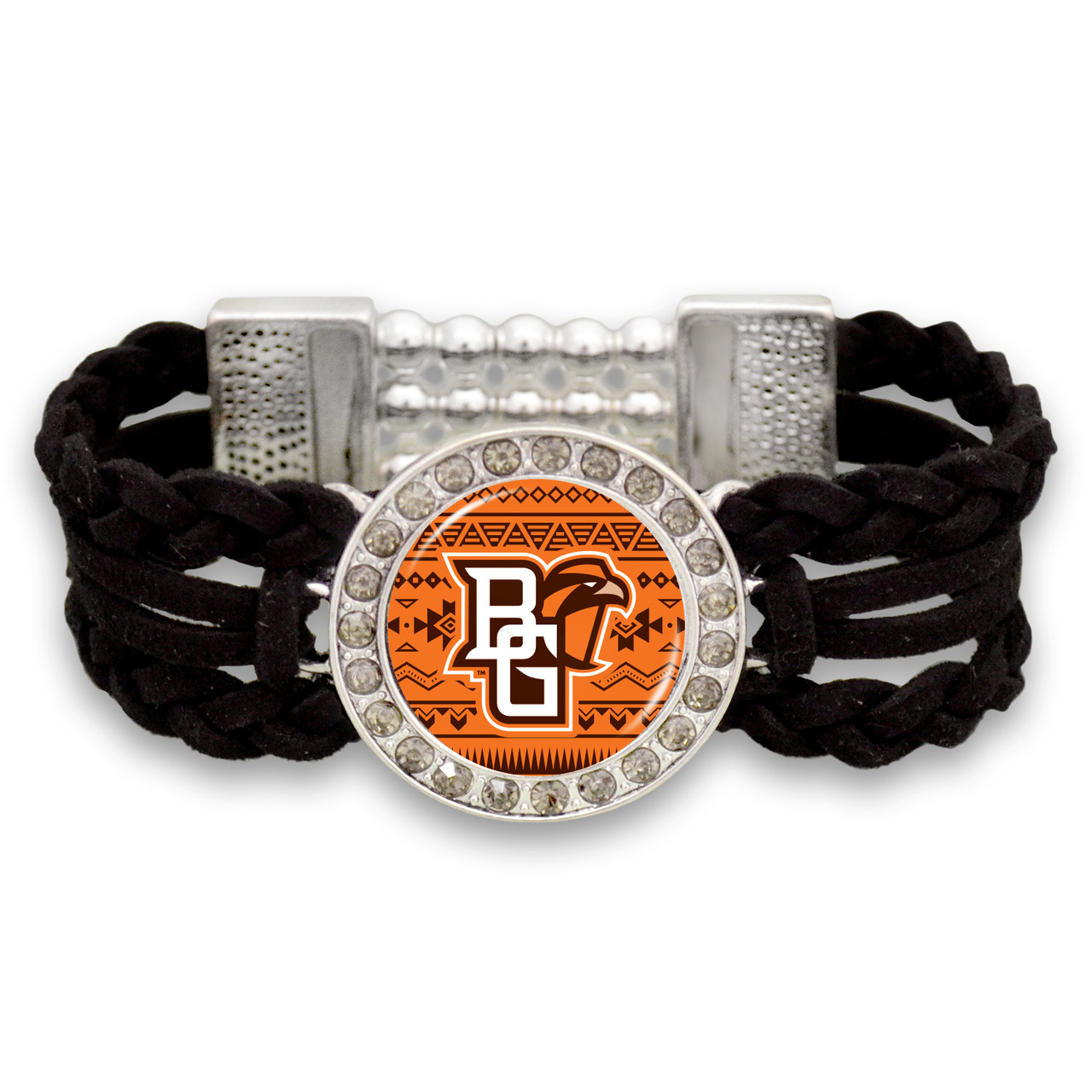 Bowling Green State Falcons Black Braided Suede with Script Background College Bracelet