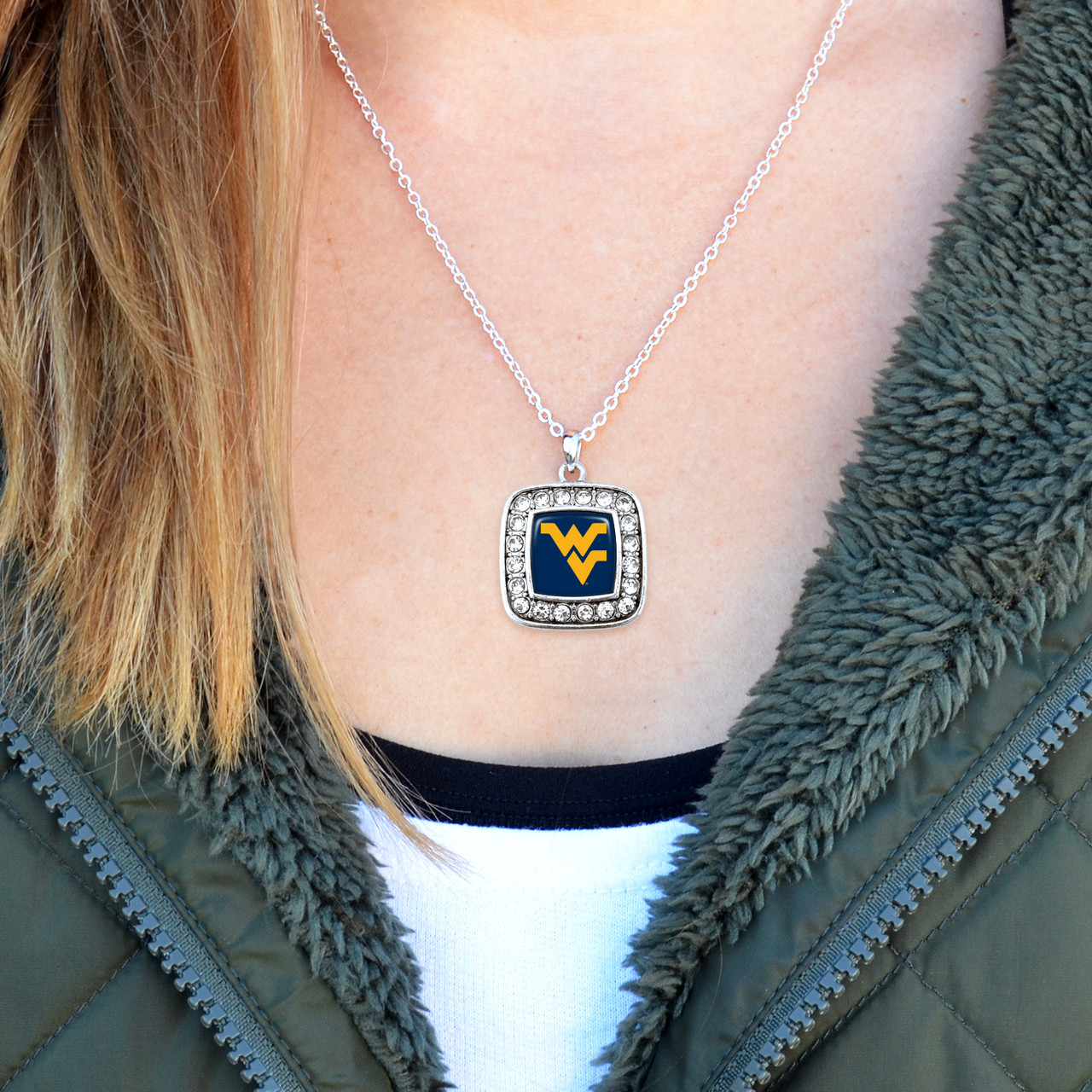 West Virginia Mountaineers Necklace- Crystal Square