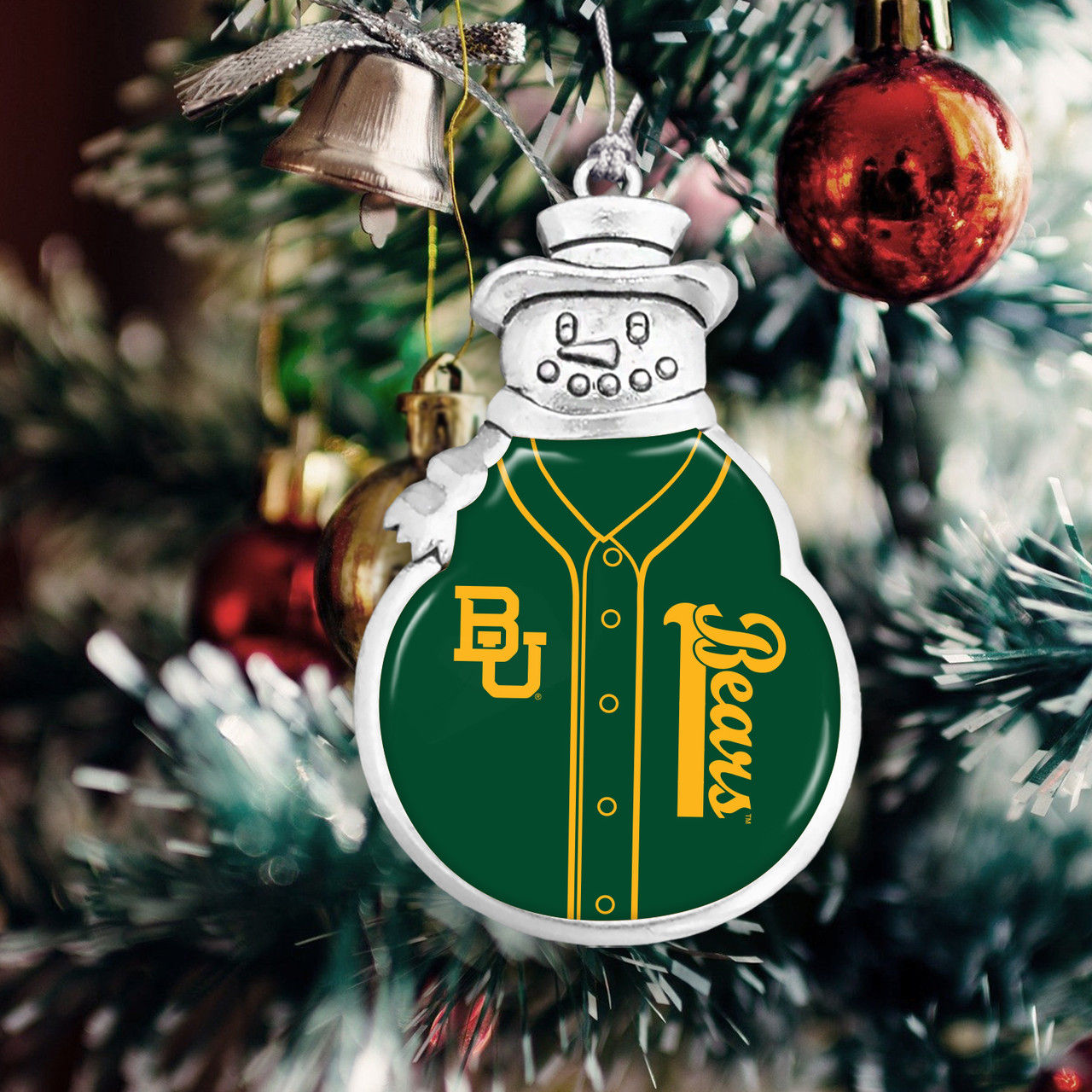 Baylor Bears Snowman Ornament with Baseball Jersey