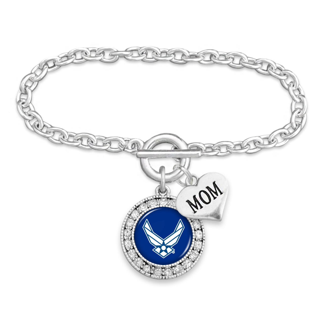 Military Bracelet - Air Force - Round Crystal with Mom Accent Charm