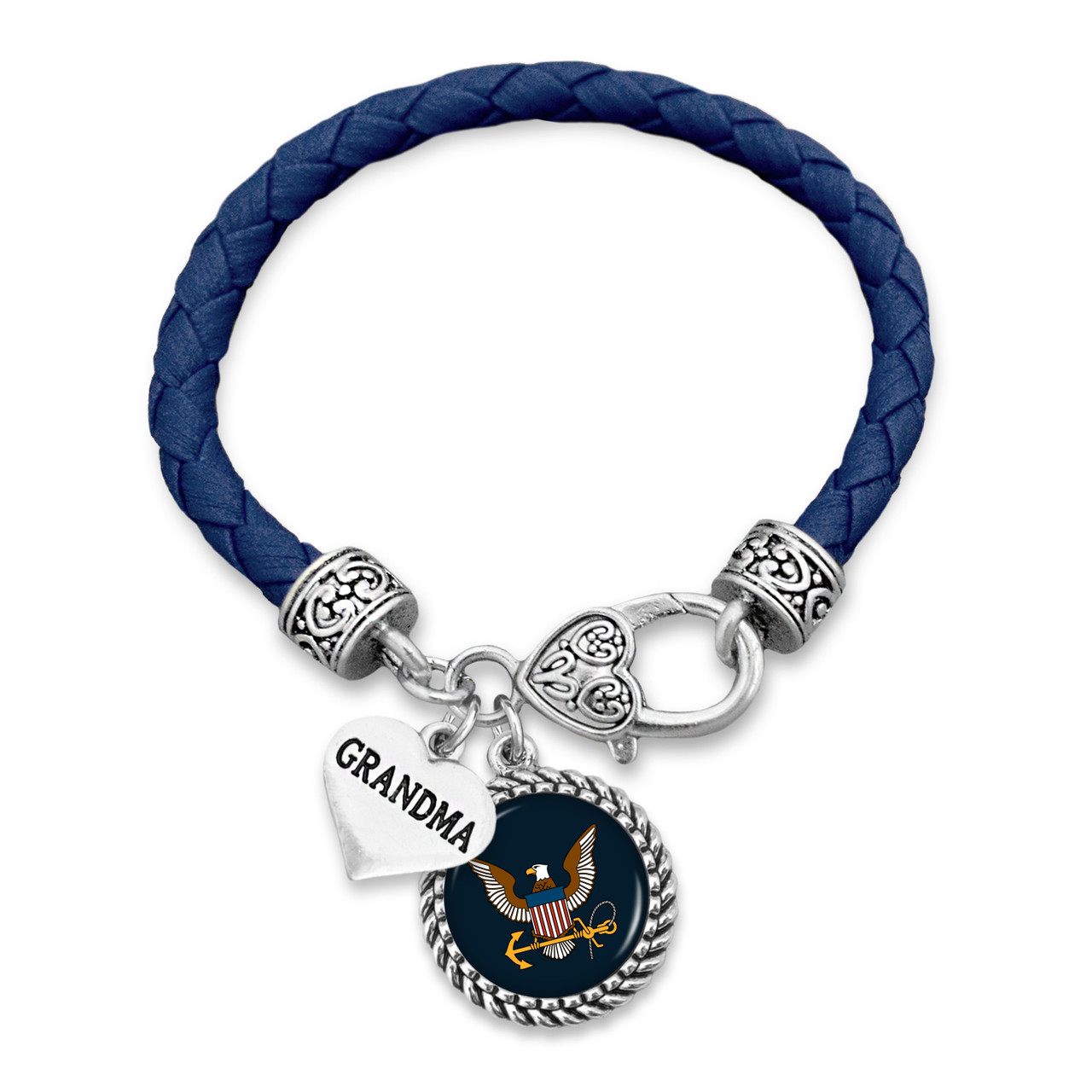 Military Leather Bracelet - U.S. Navy - Grandma Accent Charm