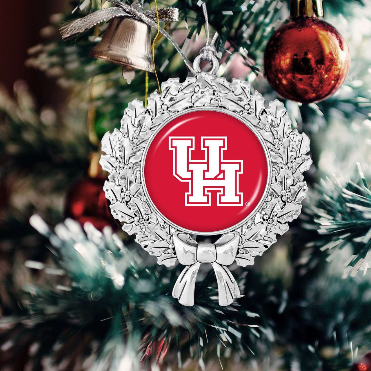 Houston Cougars Christmas Ornament- Wreath with Team Logo