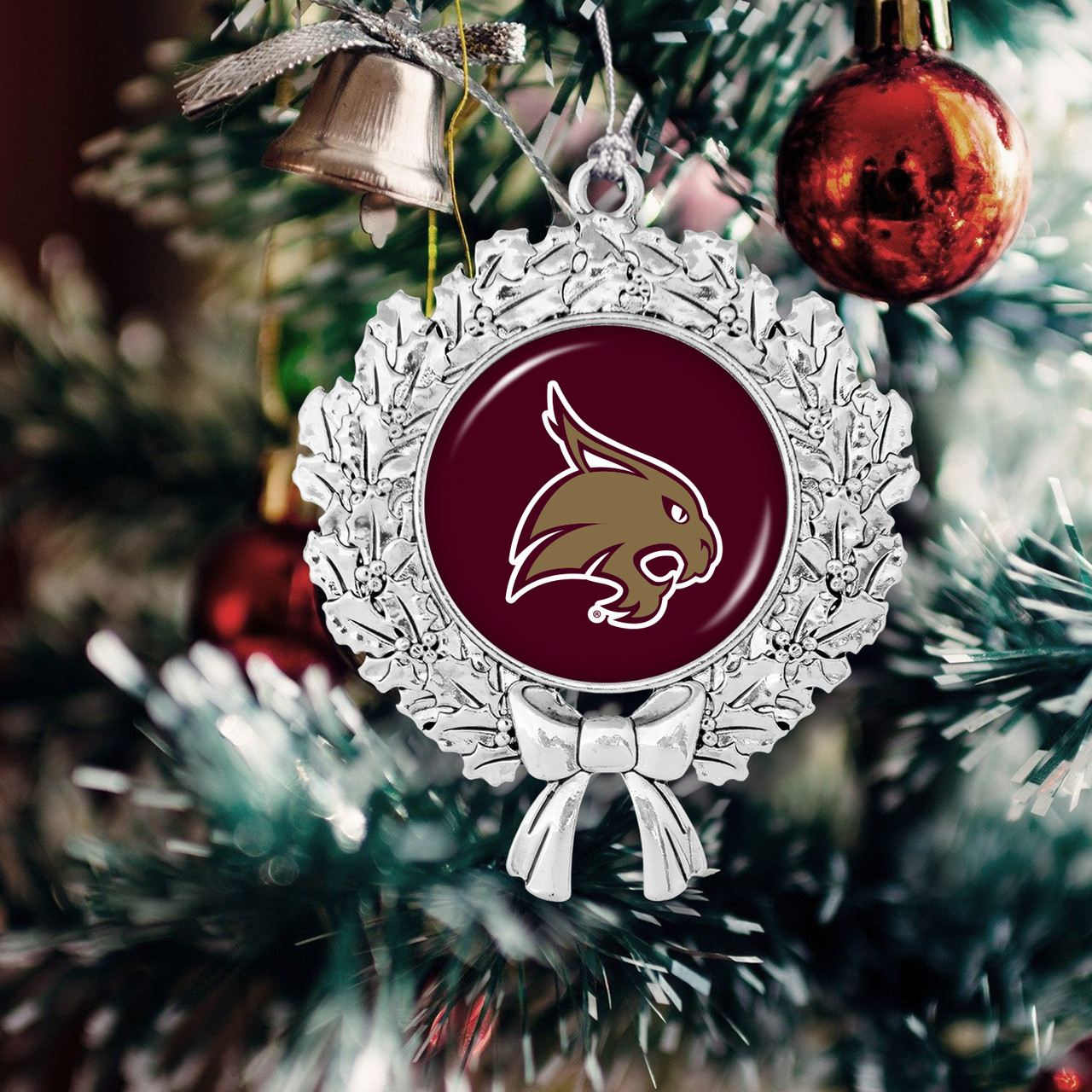 Texas State Bobcats Christmas Ornament- Wreath with Team Logo