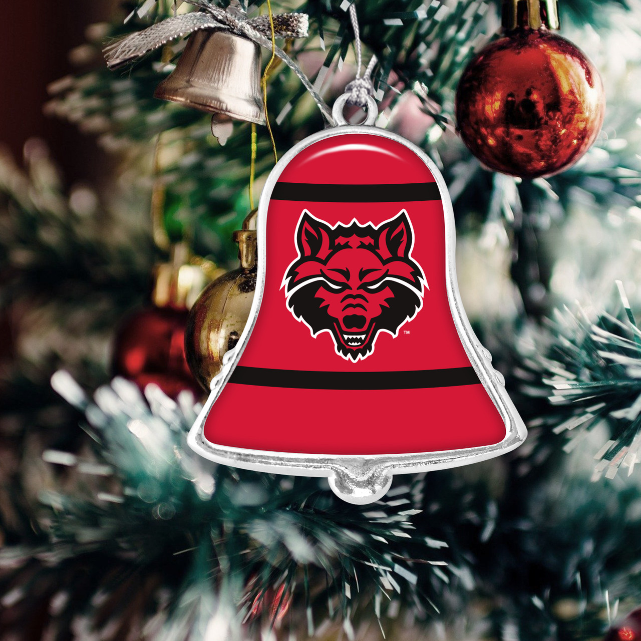 Arkansas State Red Wolves Christmas Ornament- Bell with Team Logo Stripes