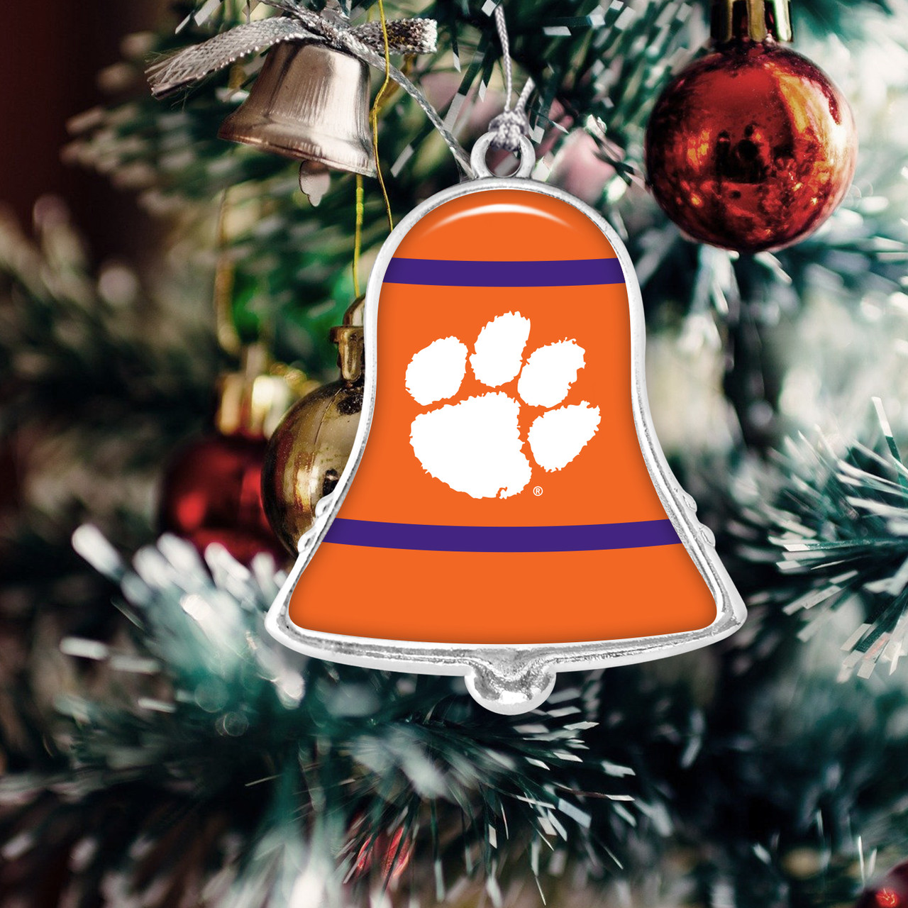 Clemson Tigers Christmas Ornament- Bell with Team Logo Stripes