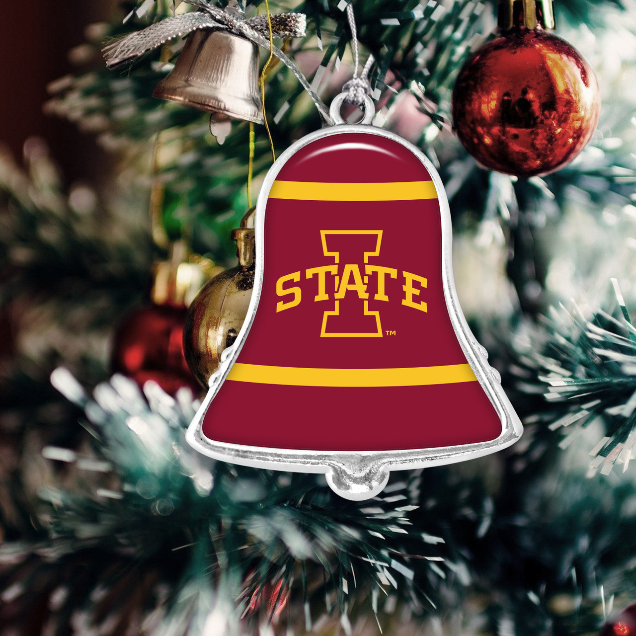 Iowa State Cyclones Christmas Ornament- Bell with Team Logo Stripes