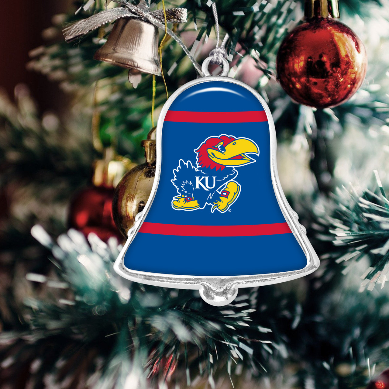 Kansas Jayhawks Christmas Ornament- Bell with Team Logo Stripes