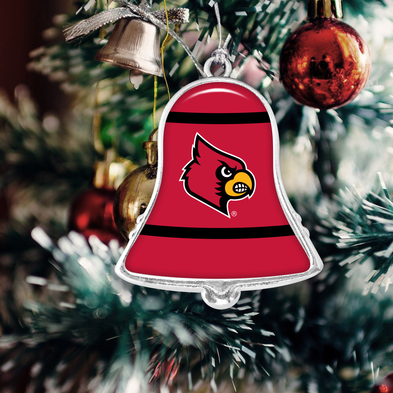 Louisville Cardinals Christmas Ornament- Bell with Team Logo Stripes