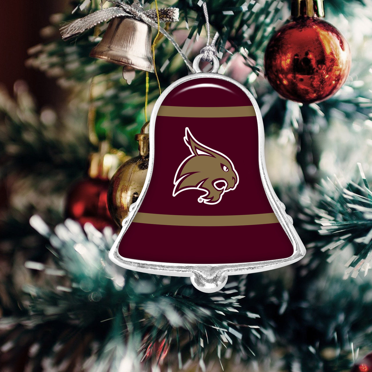 Texas State Bobcats Christmas Ornament- Bell with Team Logo Stripes