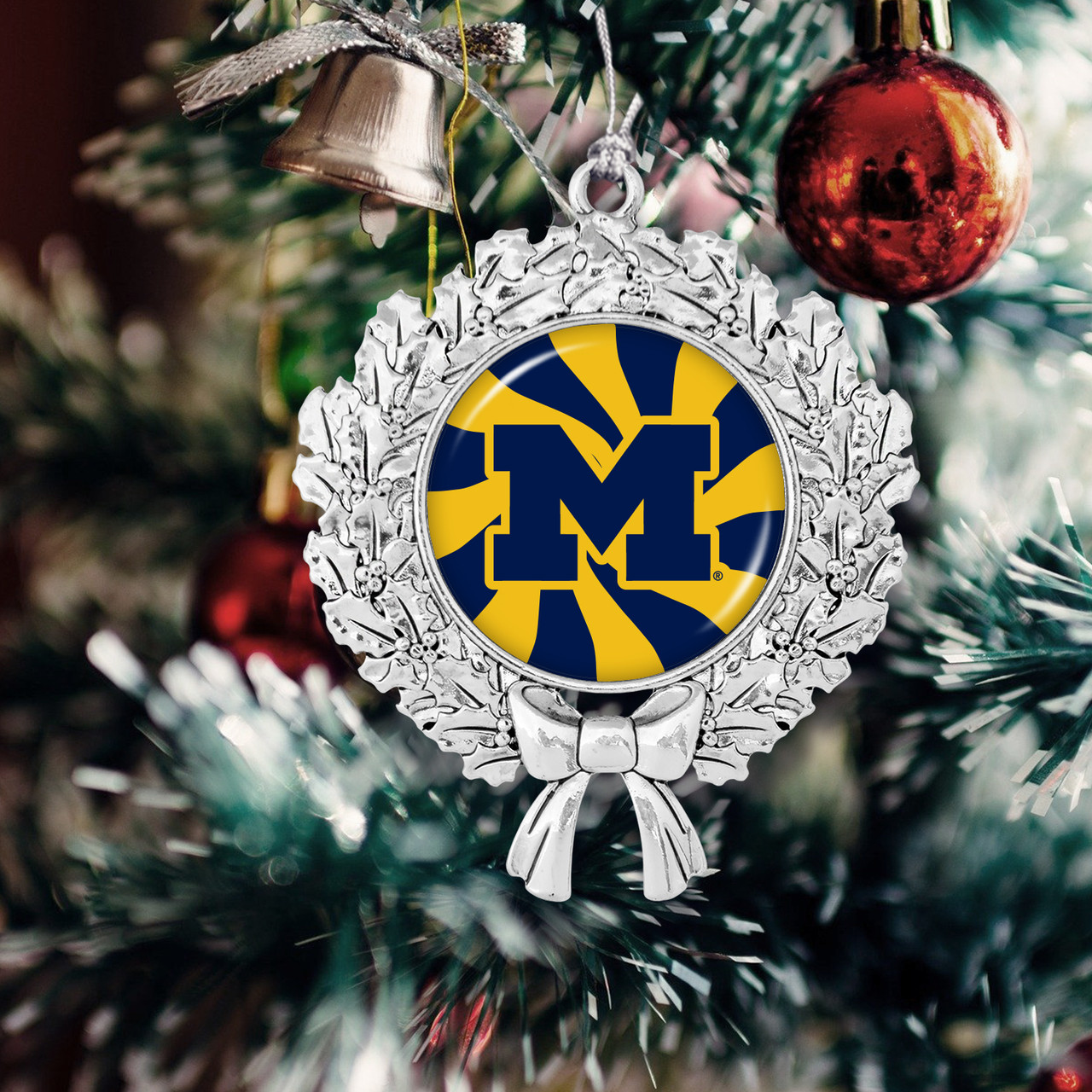 Michigan Wolverines Christmas Ornament- Peppermint Wreath with Team Logo