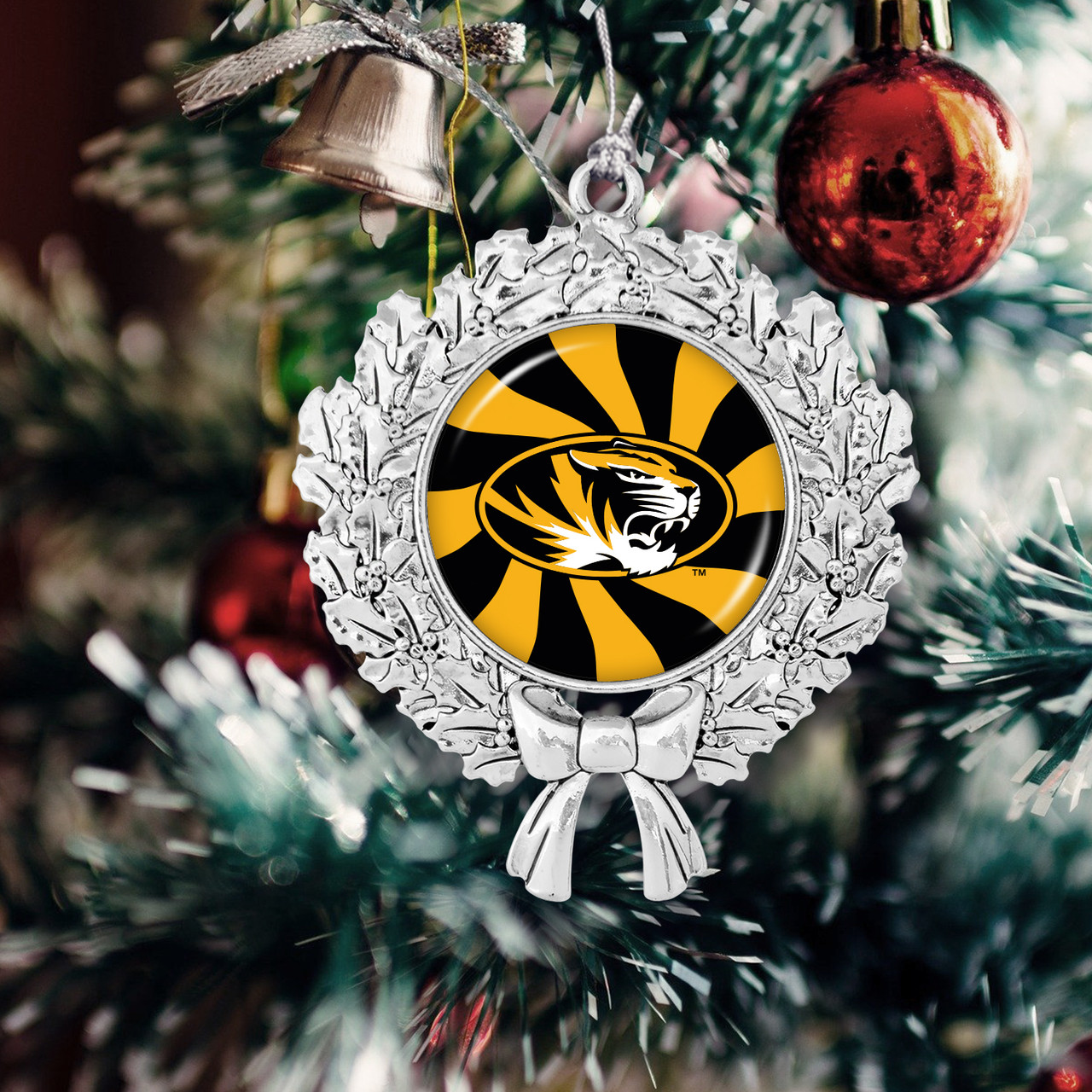 Missouri Tigers Christmas Ornament- Peppermint Wreath with Team Logo