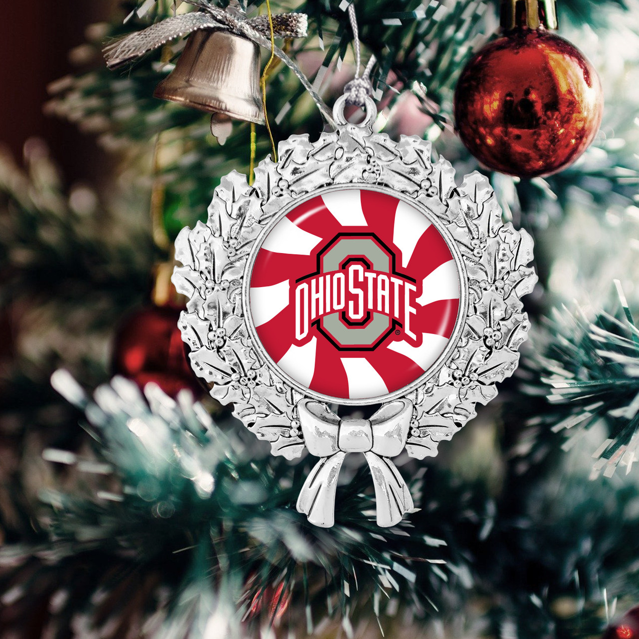 Ohio State Buckeyes Christmas Ornament- Peppermint Wreath with Team Logo