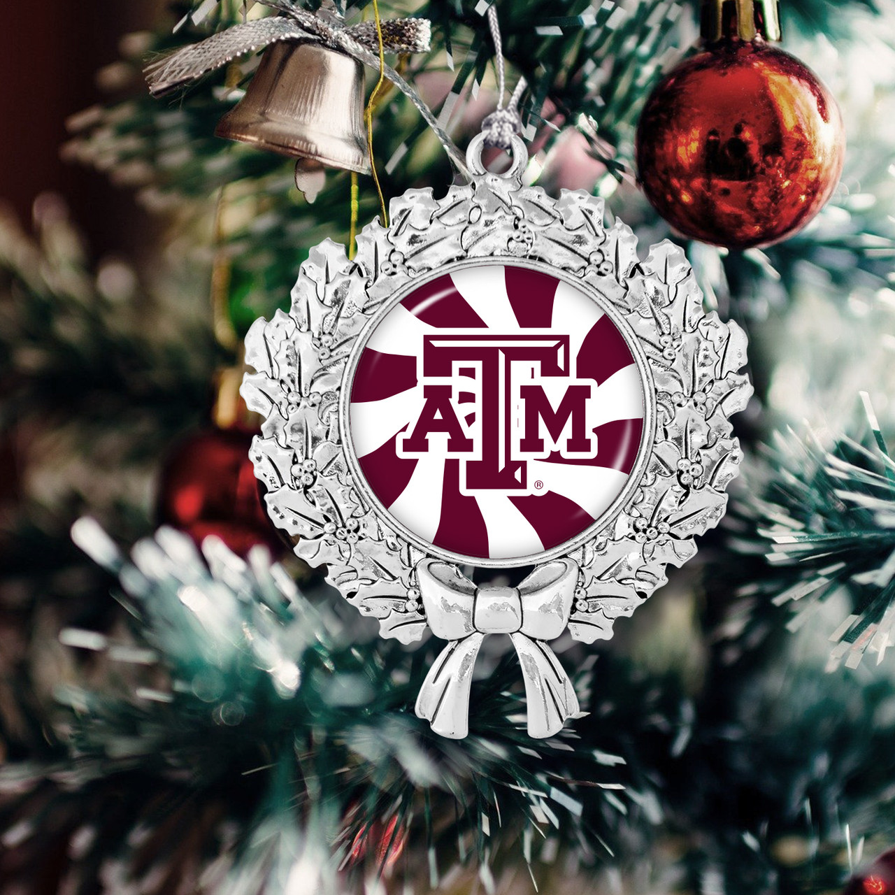 Texas A&M Aggies Christmas Ornament- Peppermint Wreath with Team Logo